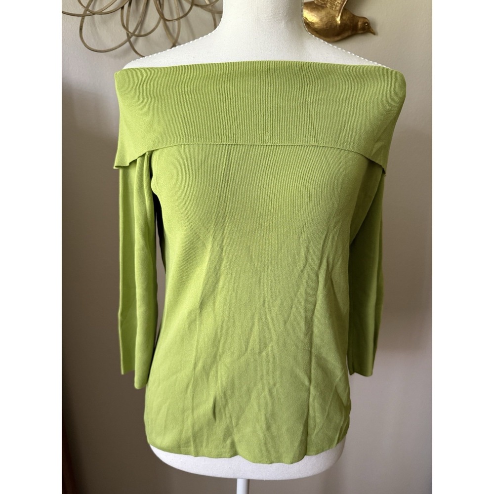 JAC Womens L Lime Green Off Shoulder Sweater Top 3/4 Sleeve Stretch Knit